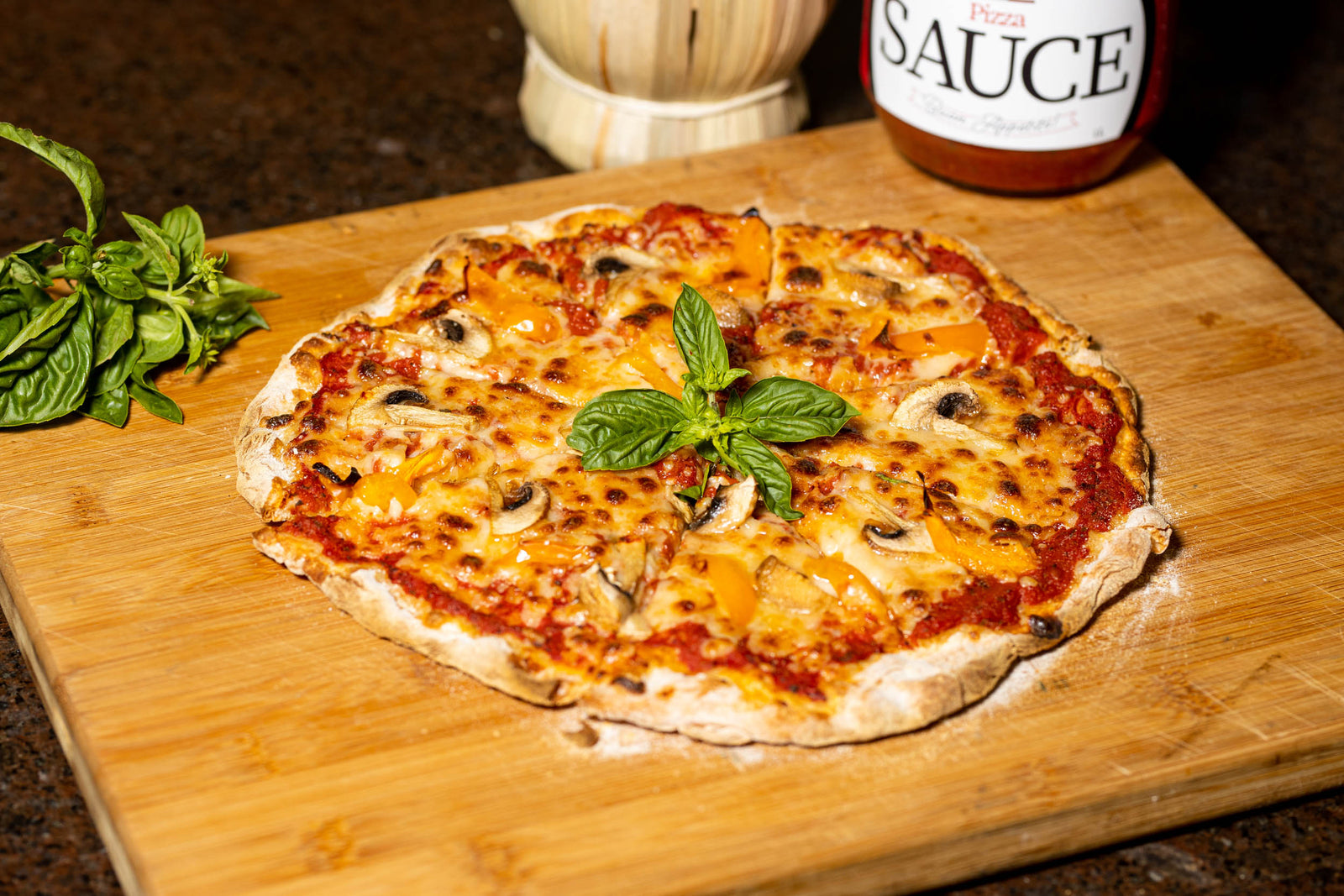 Full size Pizza on a wooden board