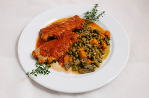 Peas Mushrooms Carrots on a plate
